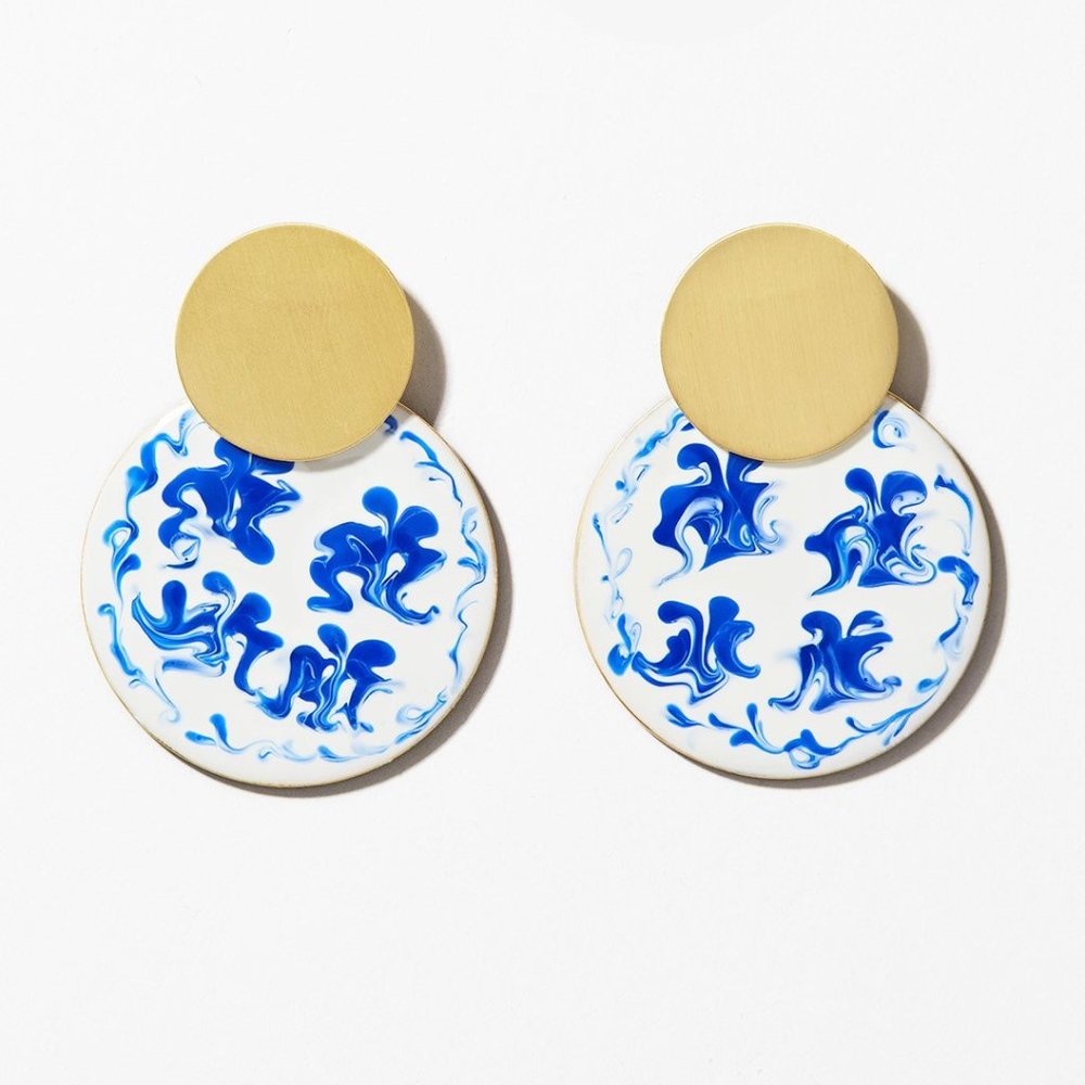 Ana Luisa Kinoko Marble Blue large hand-painted enamel earrings